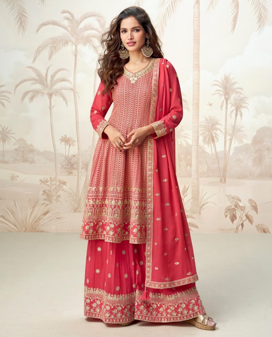 10220-pink - Pink Georgette Embroidered and Zari Work Readymade Style